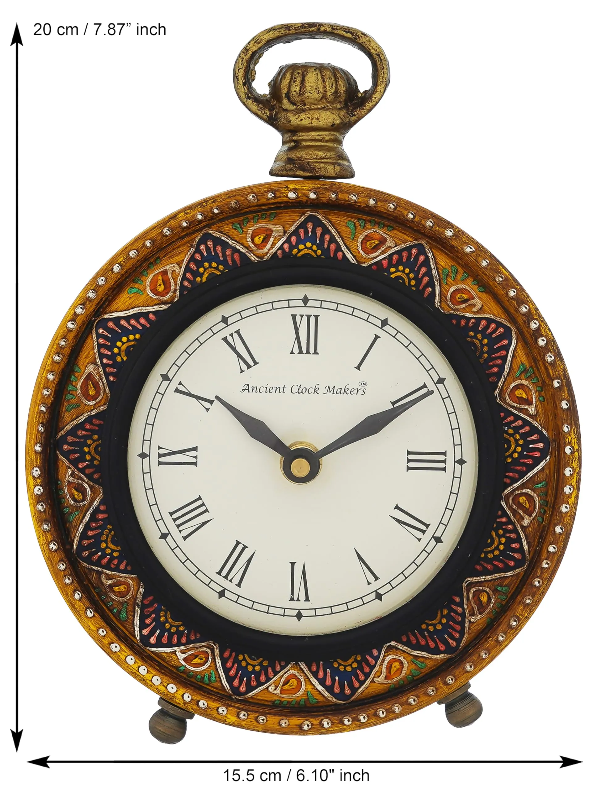 CRAFT SMITH Traditional Hanger Style Round Yellow Wooden Case Roman Numbers Table Clock Office Desk Decor Home Study Room Gifts (Size: 15.5 x 5 x 20 CM | Weight: 375 Gram)