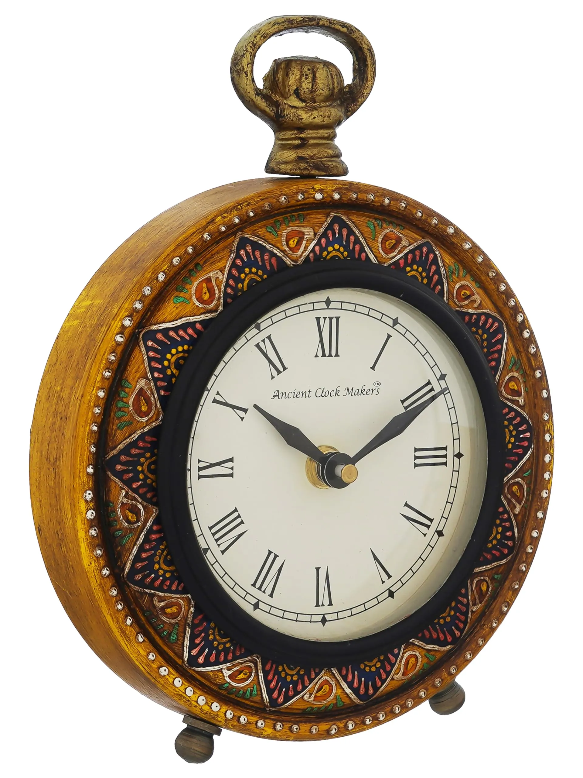CRAFT SMITH Traditional Hanger Style Round Yellow Wooden Case Roman Numbers Table Clock Office Desk Decor Home Study Room Gifts (Size: 15.5 x 5 x 20 CM | Weight: 375 Gram)