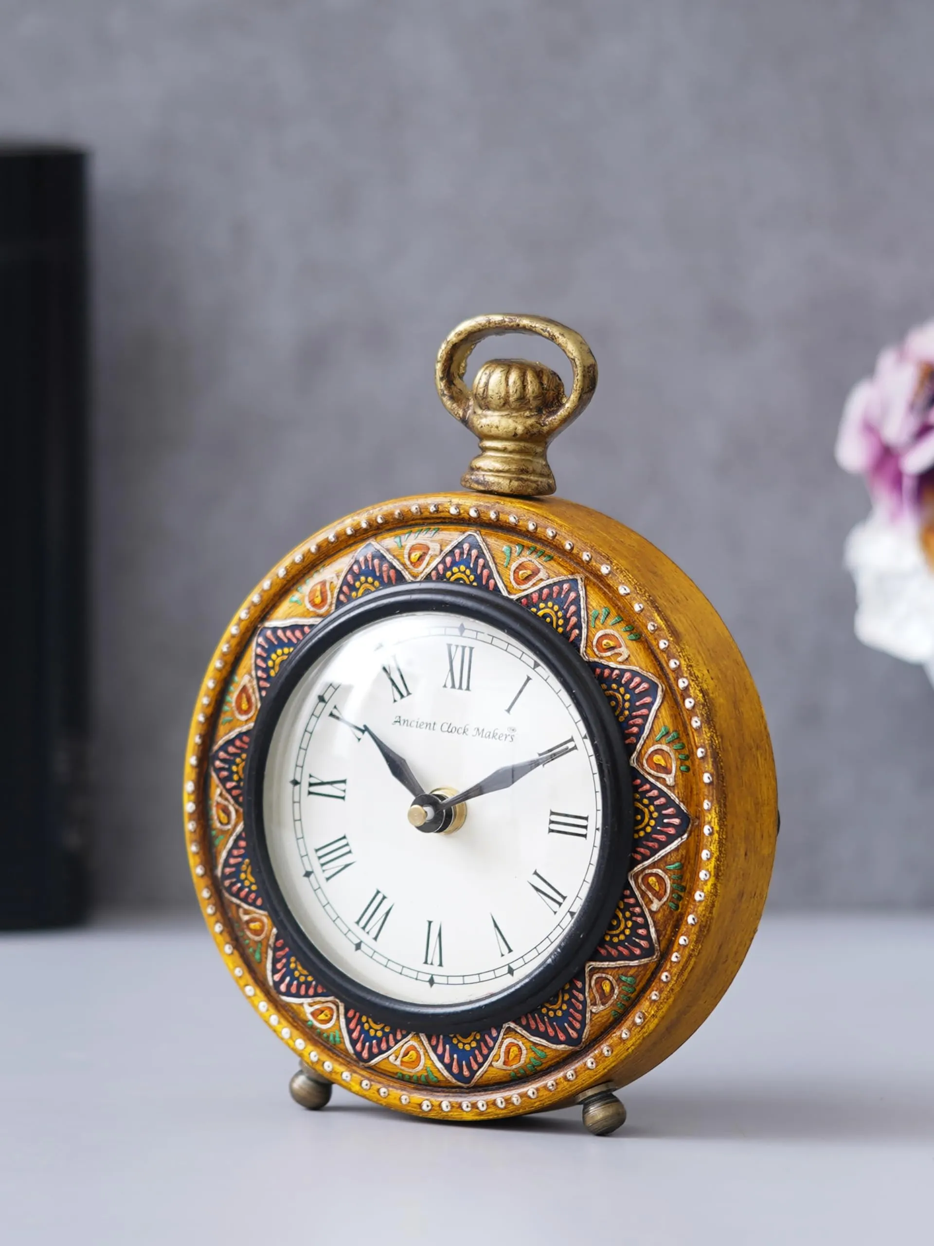 CRAFT SMITH Traditional Hanger Style Round Yellow Wooden Case Roman Numbers Table Clock Office Desk Decor Home Study Room Gifts (Size: 15.5 x 5 x 20 CM | Weight: 375 Gram)