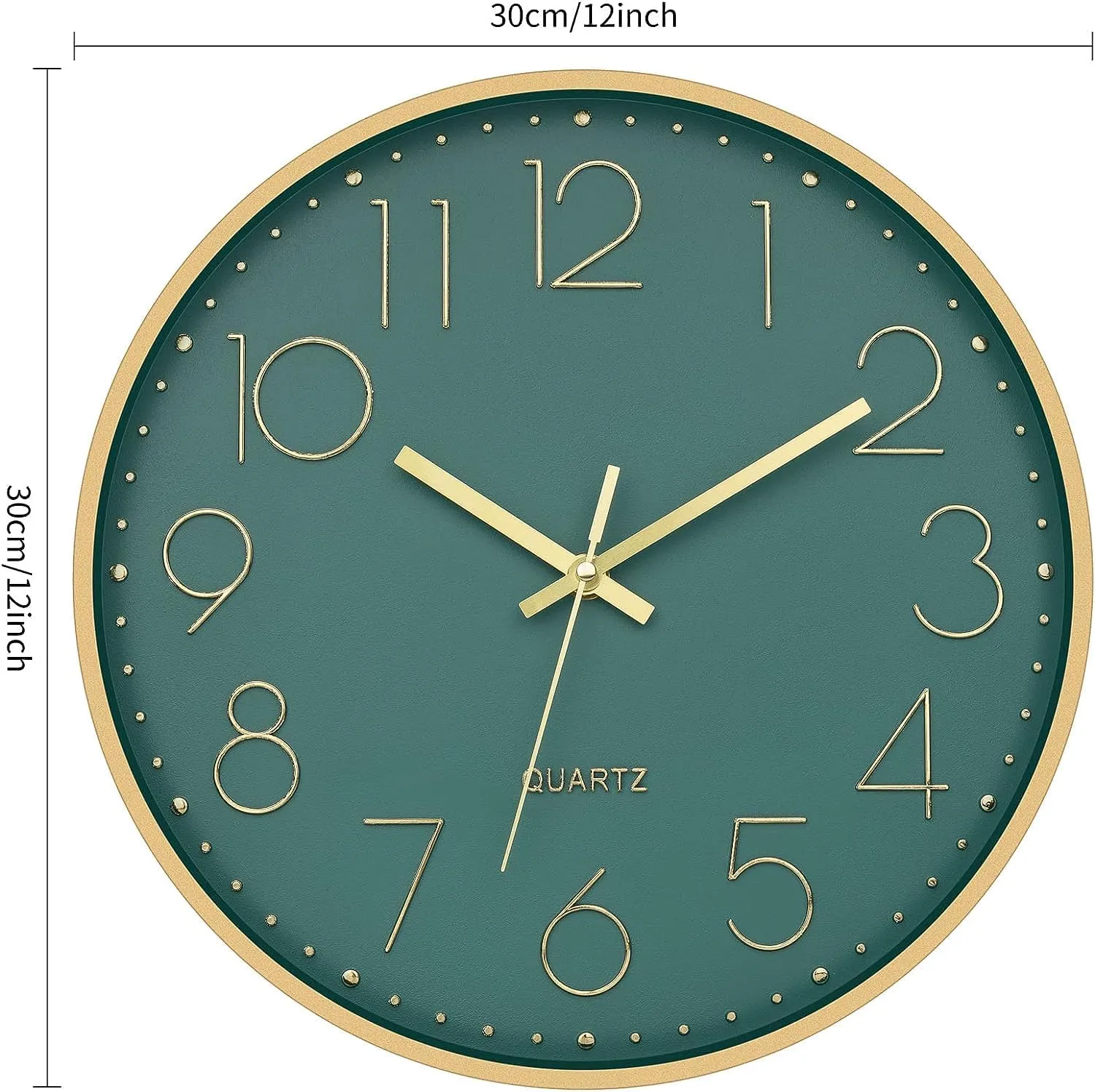 Dhruvine Wall Clock 12" Silent Quartz Decorative Wall Clock Non-Ticking Classic Clock Battery Operated Round Easy To Read For Room/Home (Gold Green) - Analog,Plastic