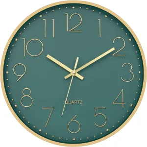 Dhruvine Wall Clock 12" Silent Quartz Decorative Wall Clock Non-Ticking Classic Clock Battery Operated Round Easy To Read For Room/Home (Gold Green) - Analog,Plastic