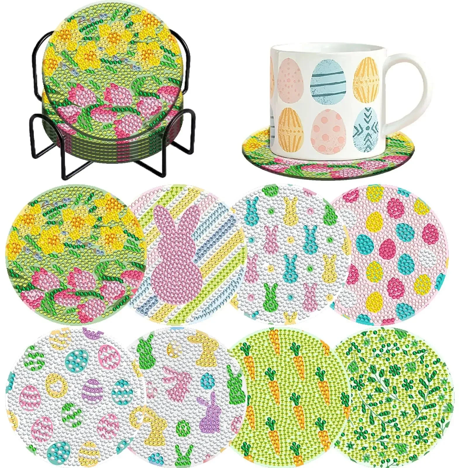 Diamond Art Coasters With Holder, variety of designs  8pcs