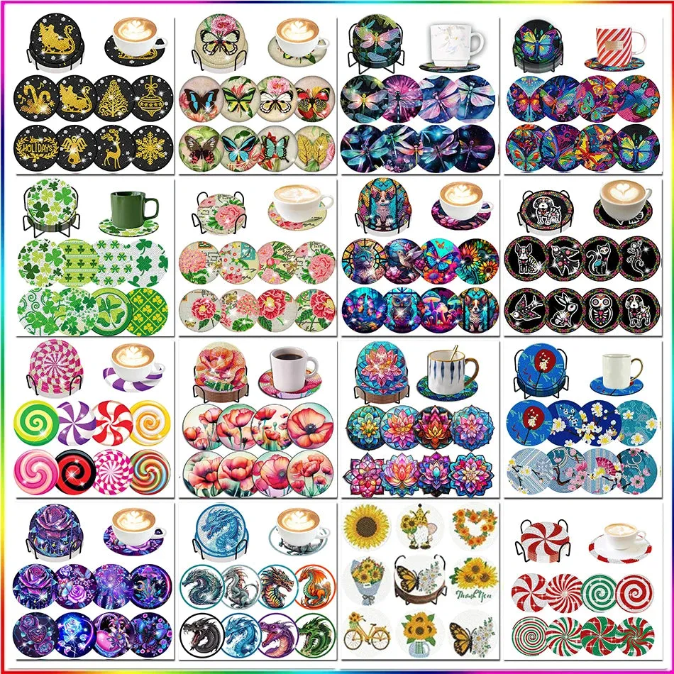Diamond Art Coasters With Holder, variety of designs  8pcs