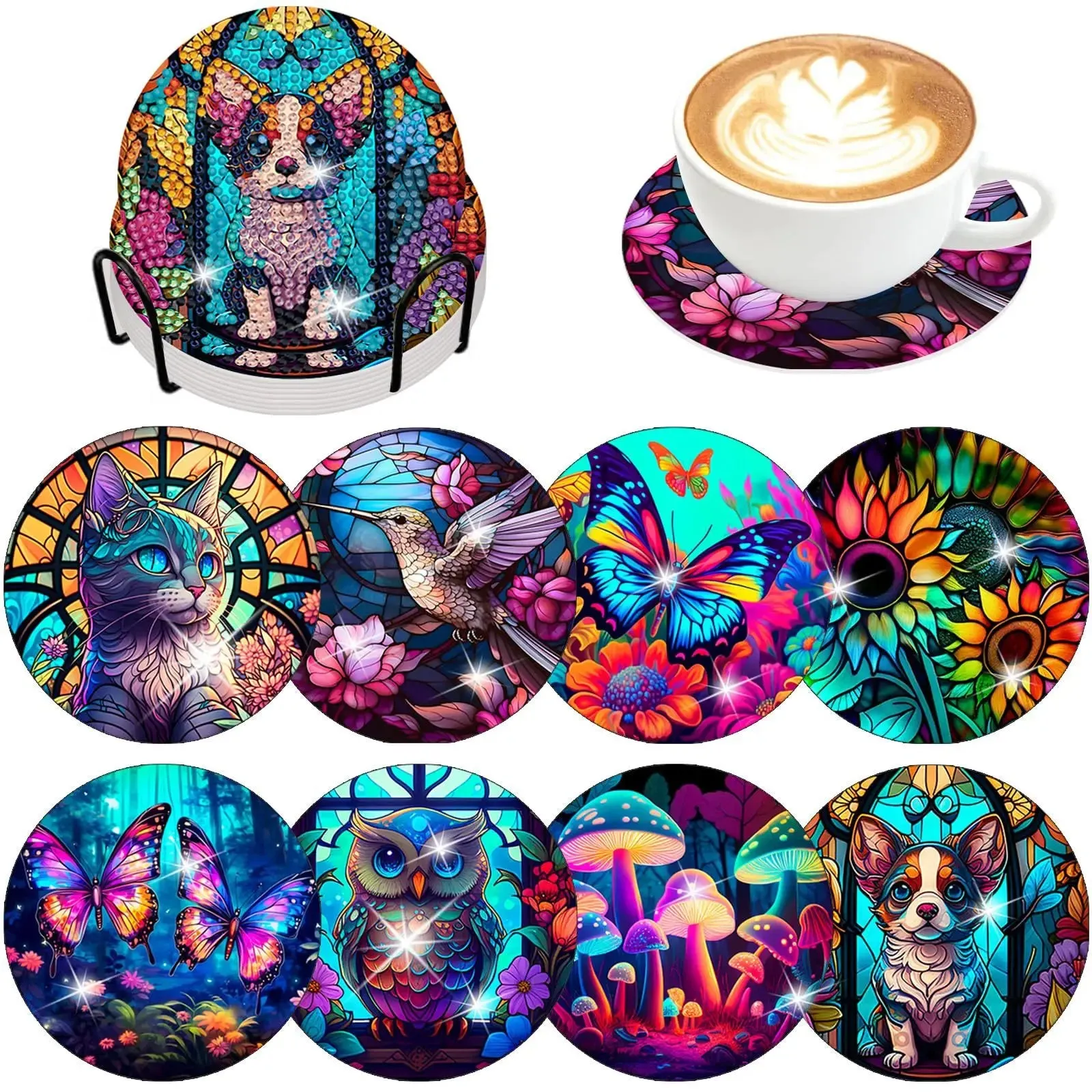 Diamond Art Coasters With Holder, variety of designs  8pcs