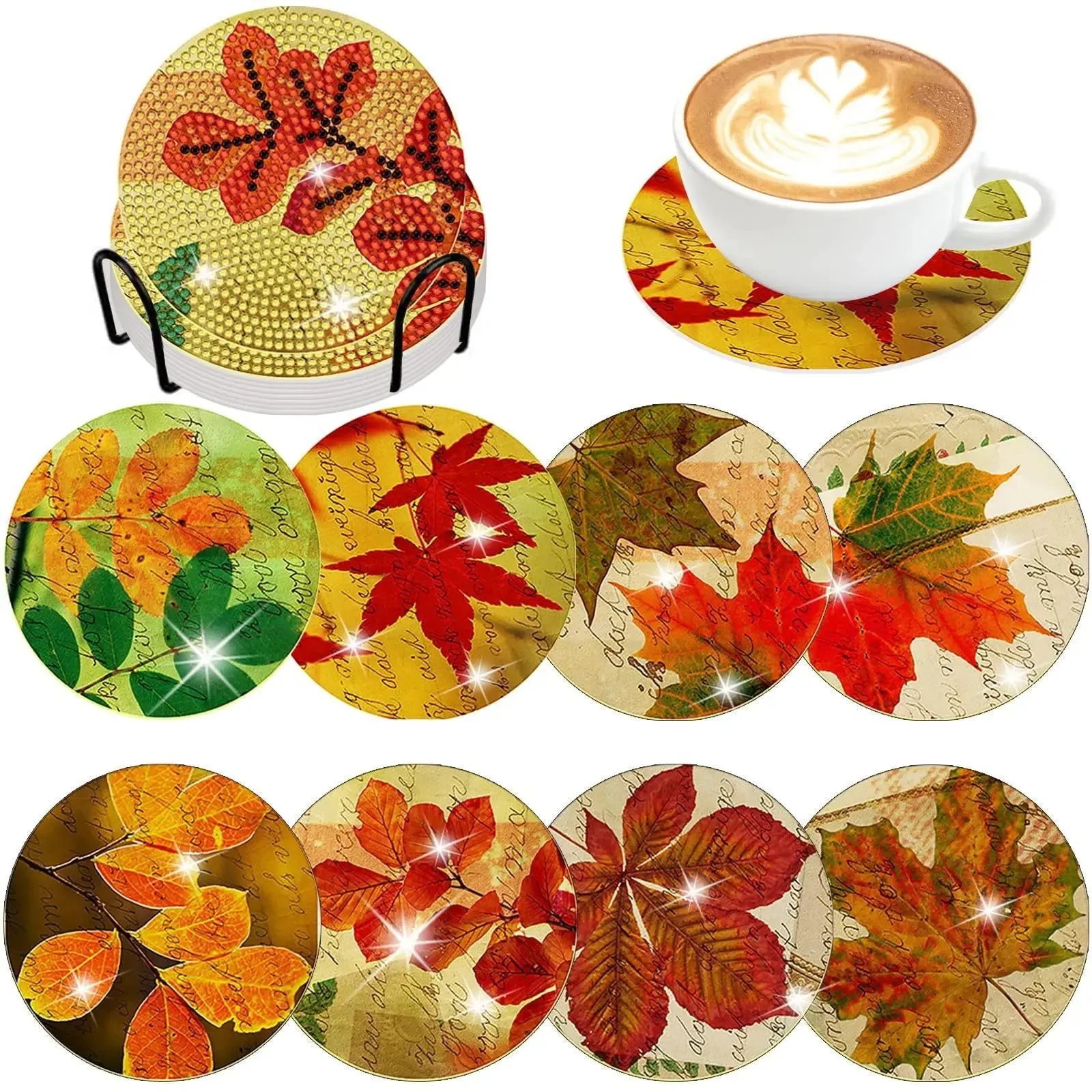 Diamond Art Coasters With Holder, variety of designs  8pcs