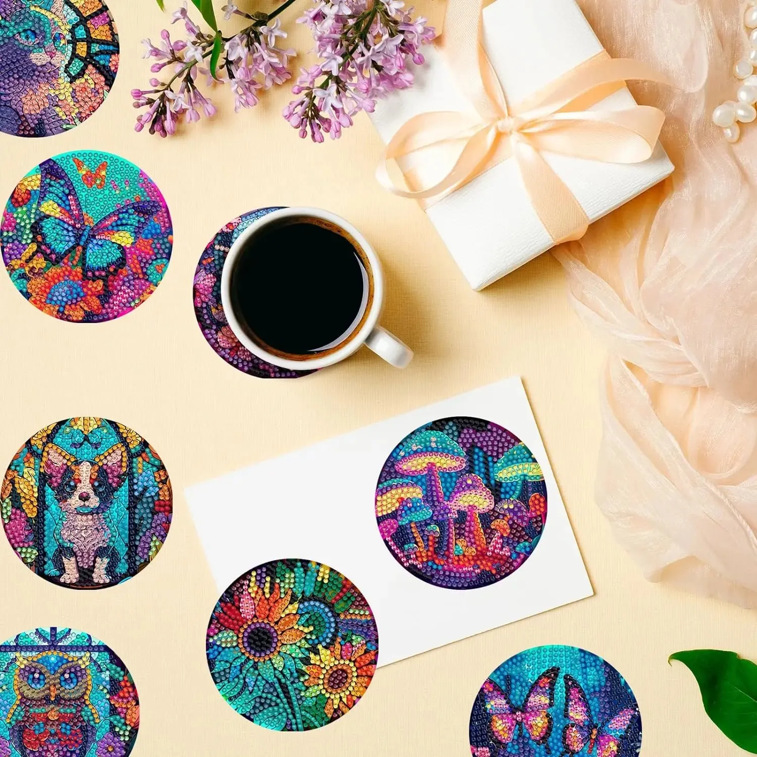 Diamond Art Coasters With Holder, variety of designs  8pcs