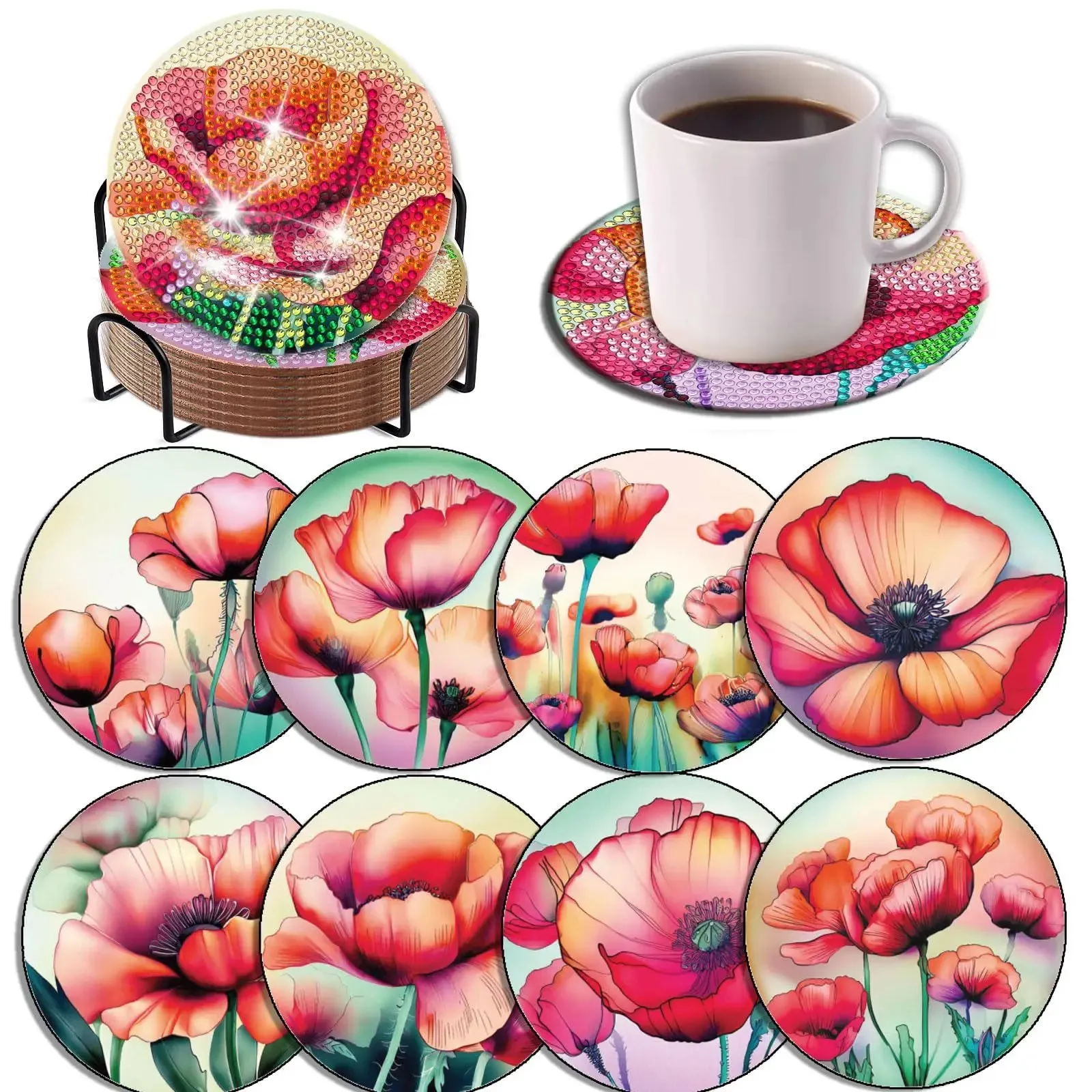 Diamond Art Coasters With Holder, variety of designs  8pcs