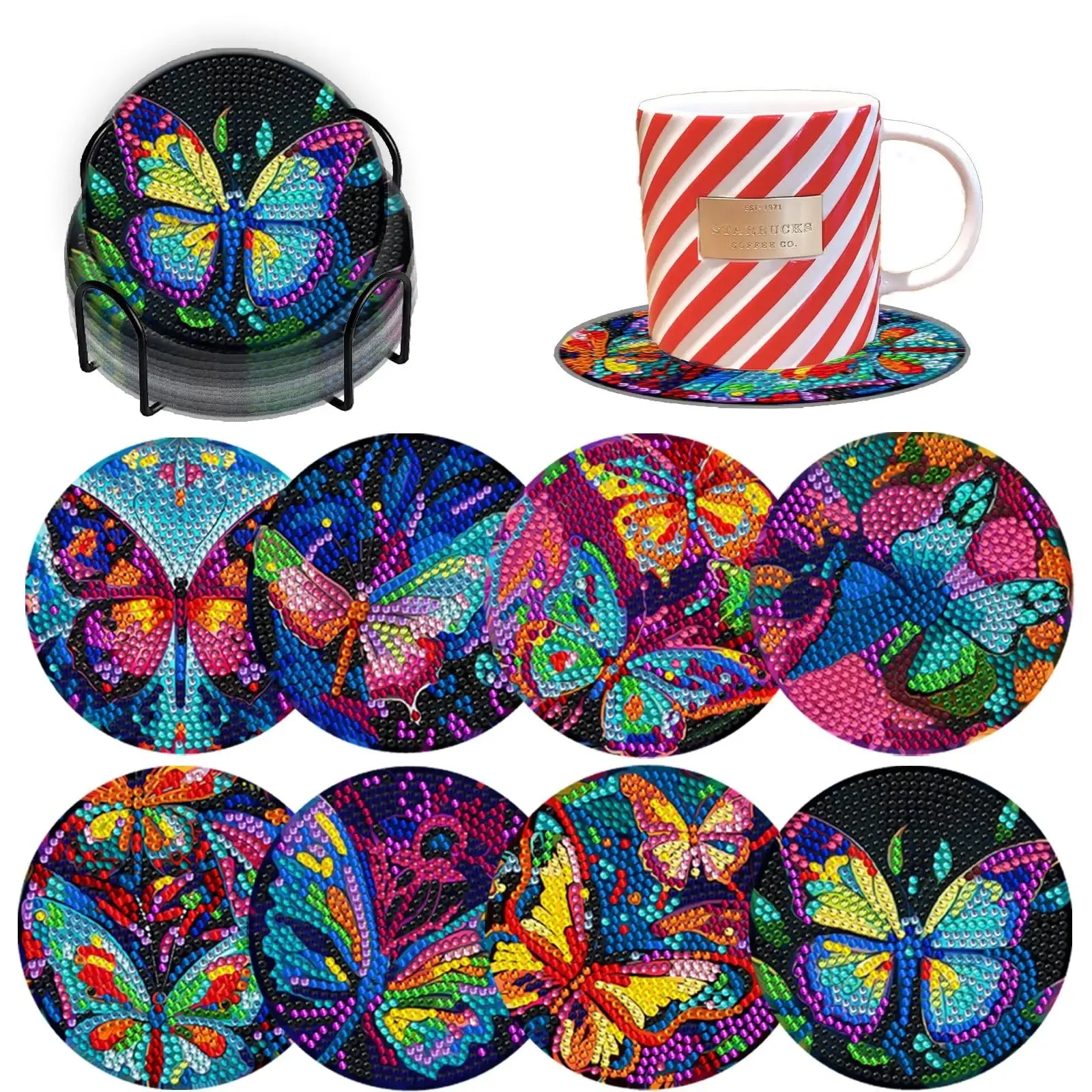 Diamond Art Coasters With Holder, variety of designs  8pcs