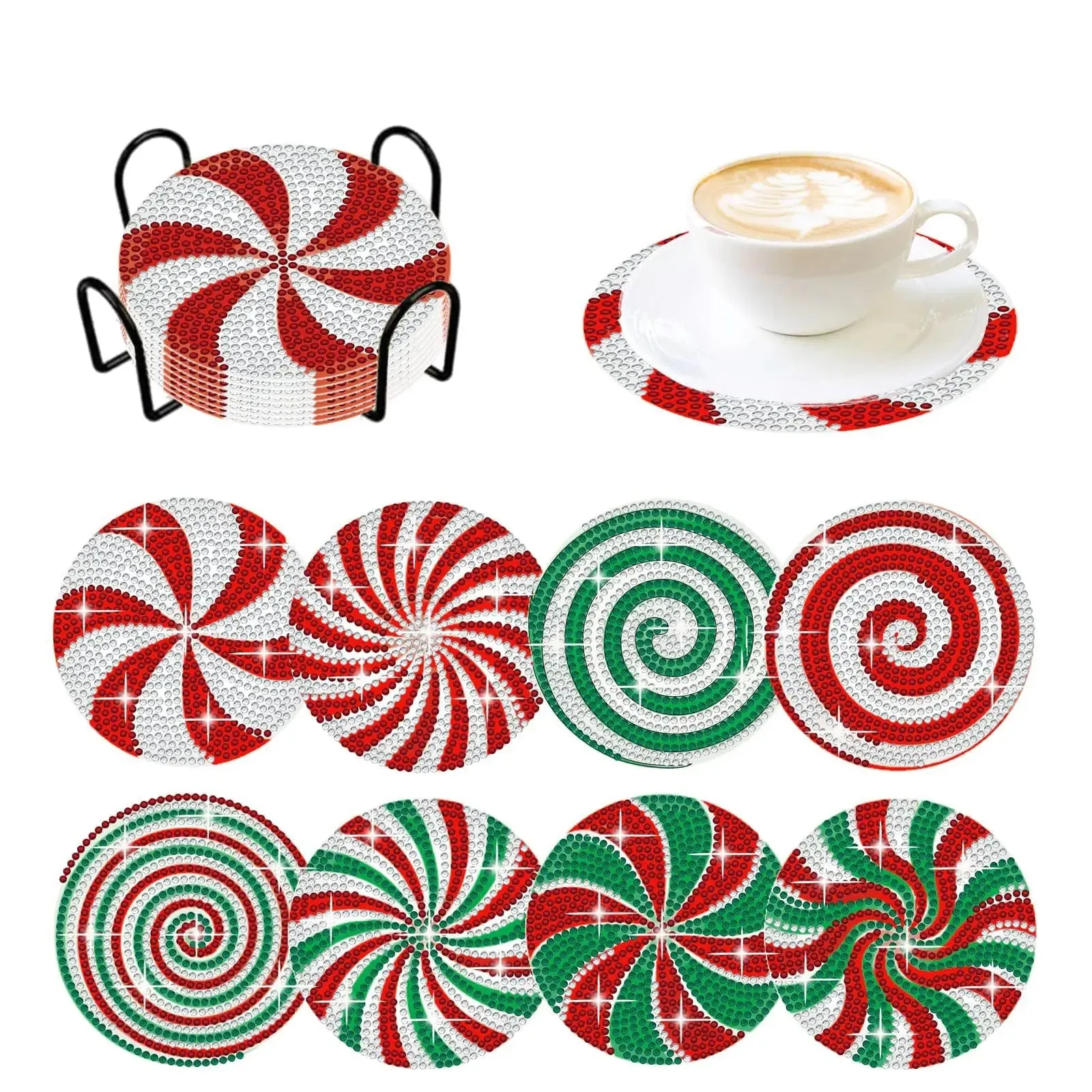 Diamond Art Coasters With Holder, variety of designs  8pcs