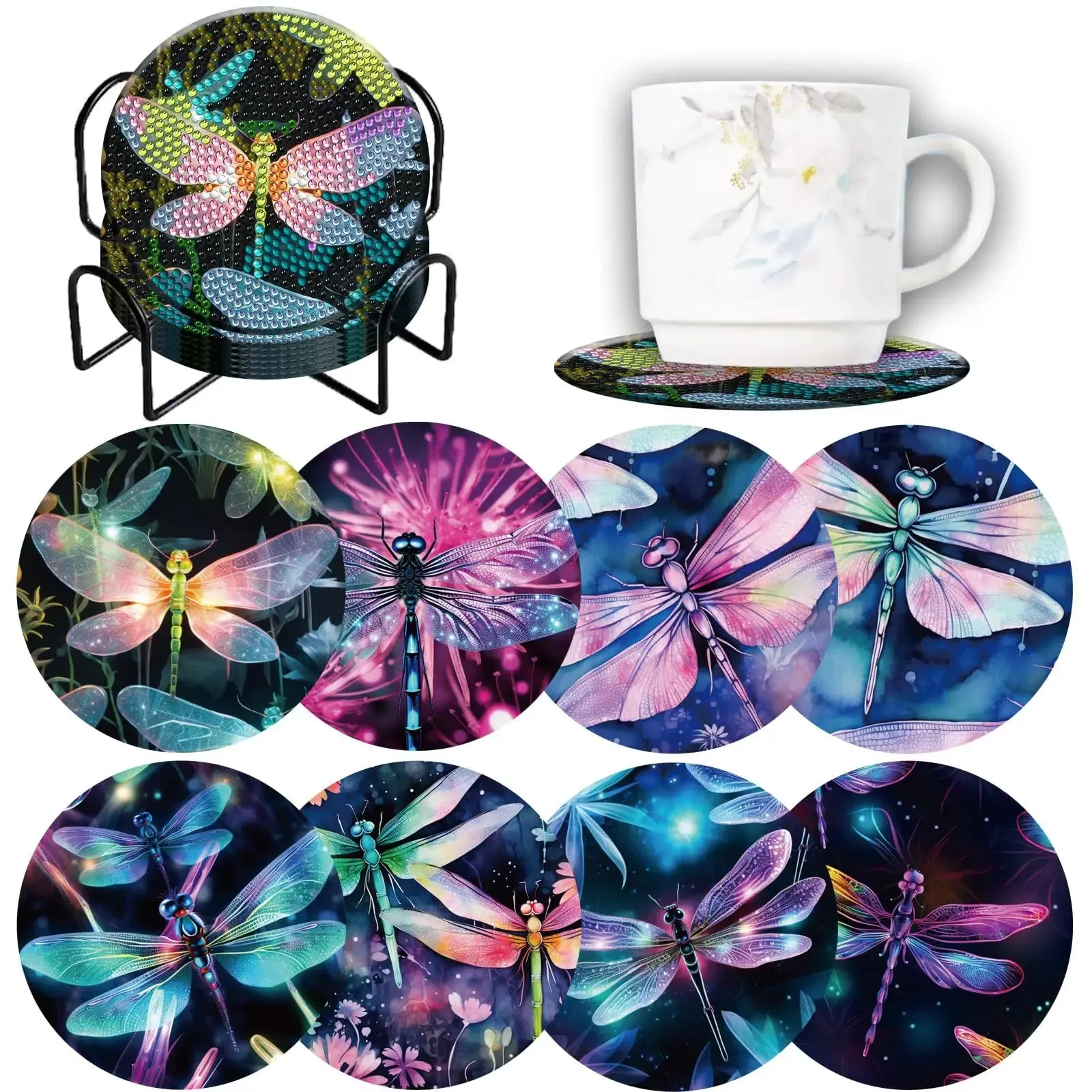 Diamond Art Coasters With Holder, variety of designs  8pcs