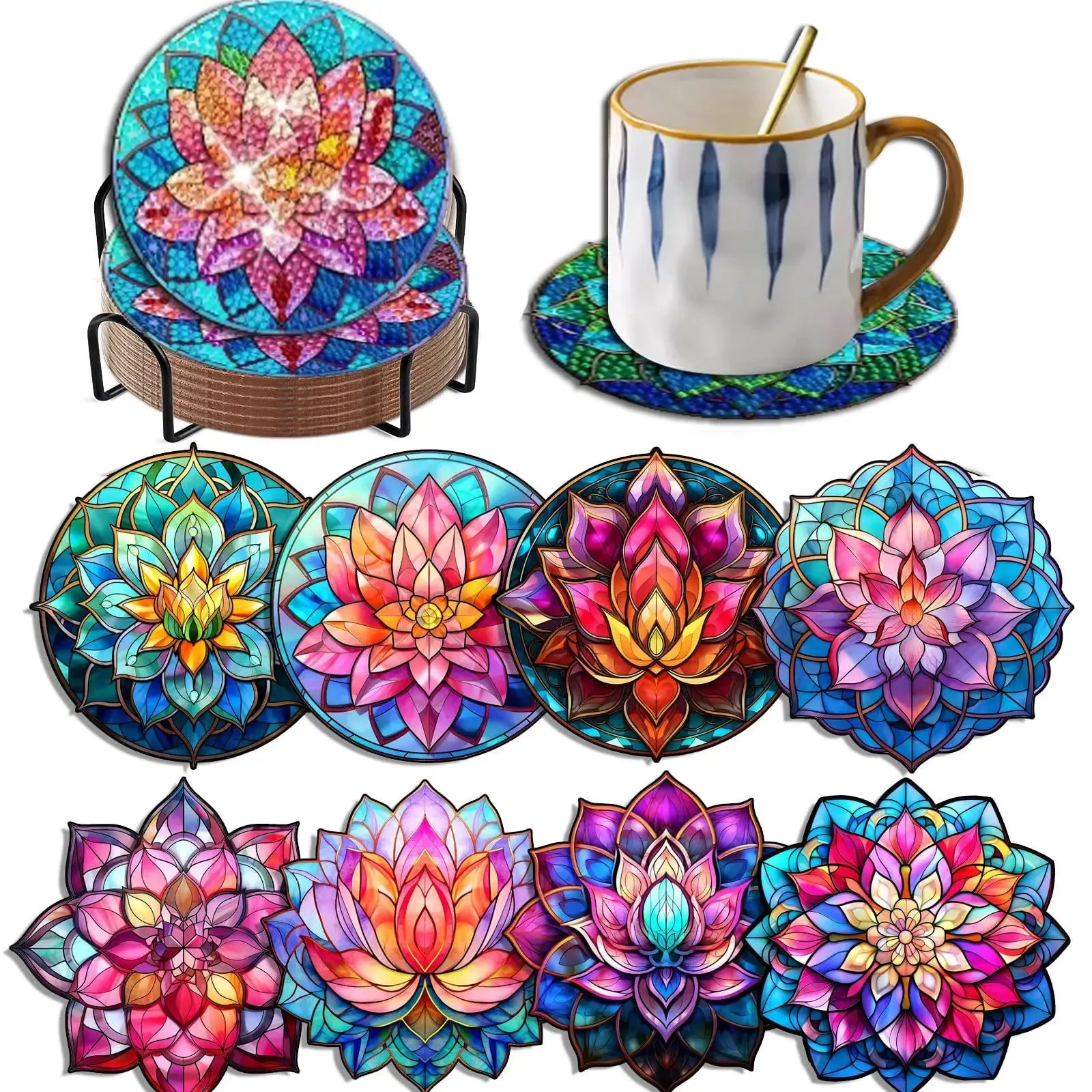 Diamond Art Coasters With Holder, variety of designs  8pcs