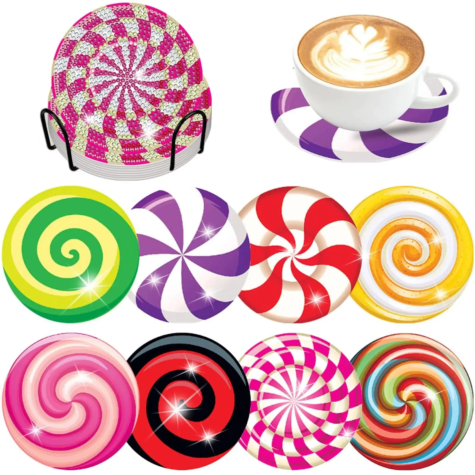 Diamond Art Coasters With Holder, variety of designs  8pcs