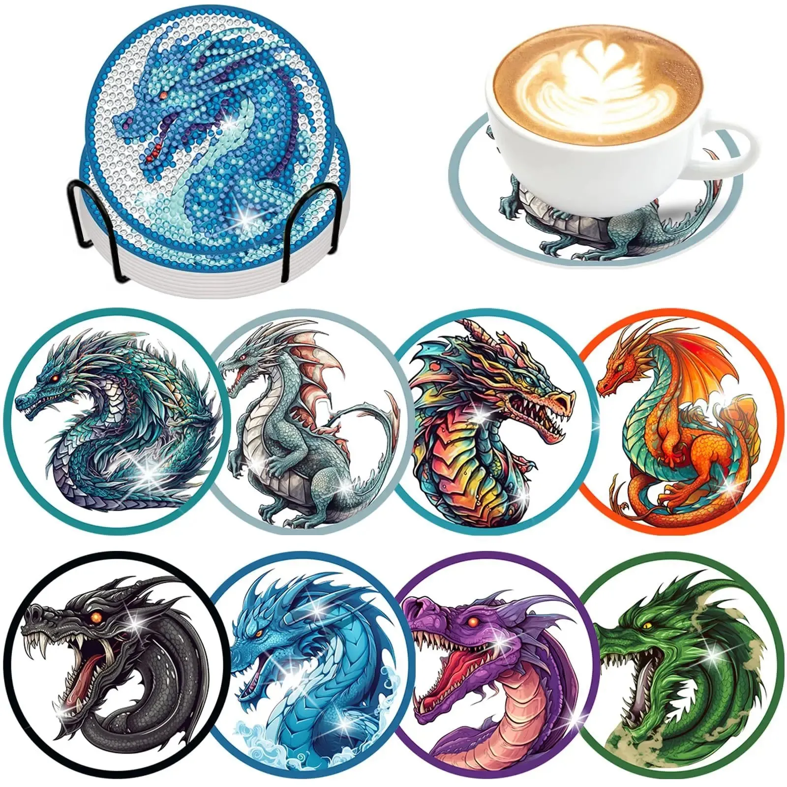 Diamond Art Coasters With Holder, variety of designs  8pcs