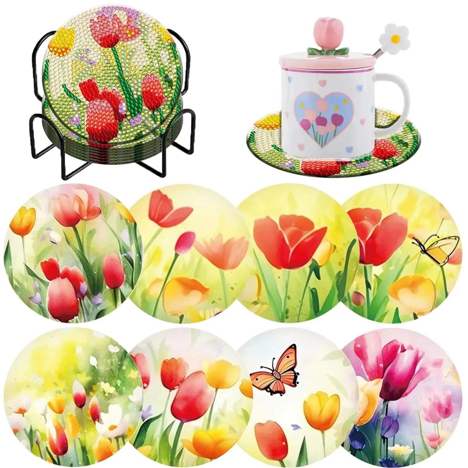 Diamond Art Coasters With Holder, variety of designs  8pcs