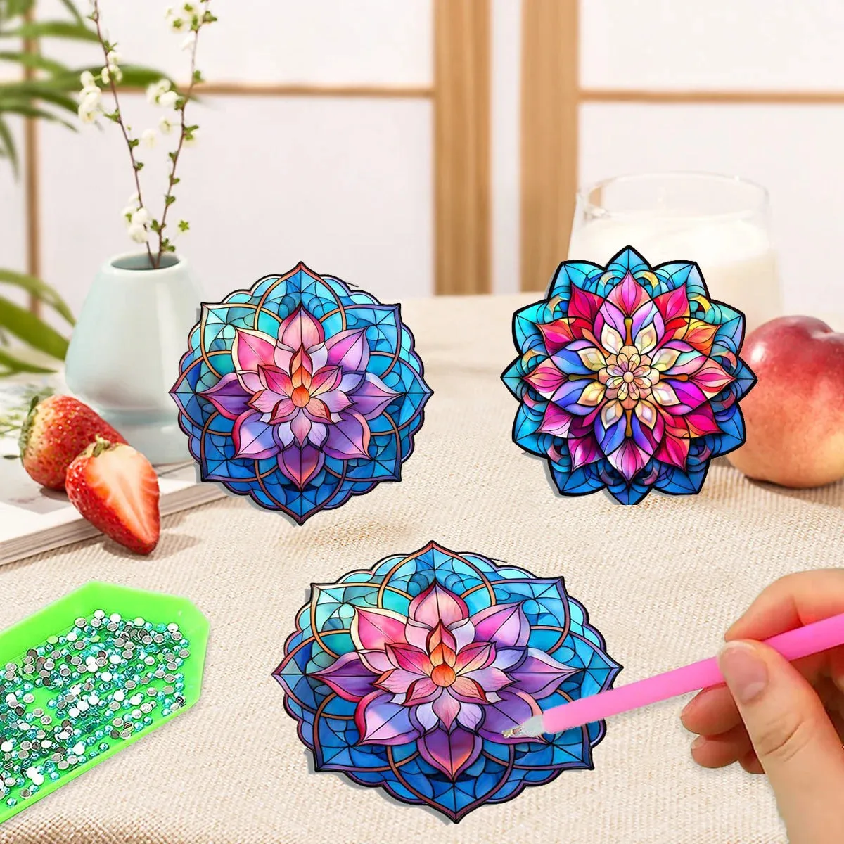 Diamond Art Coasters With Holder, variety of designs  8pcs