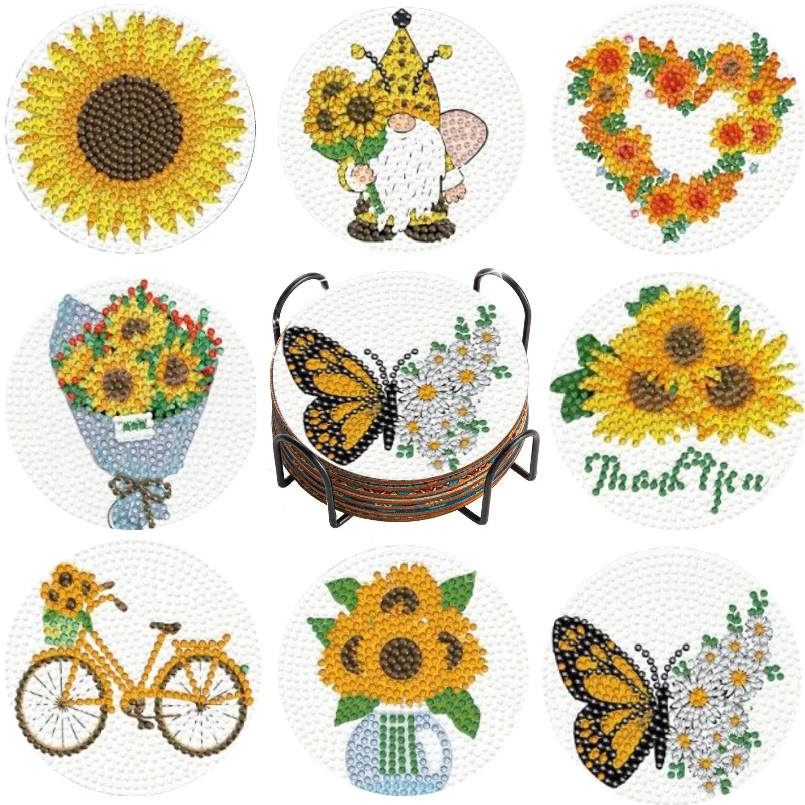 Diamond Art Coasters With Holder, variety of designs  8pcs