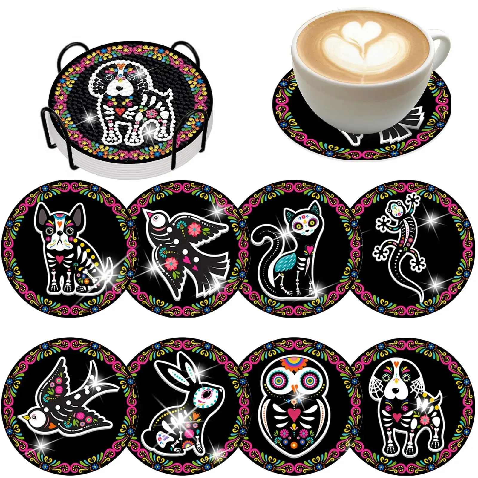 Diamond Art Coasters With Holder, variety of designs  8pcs