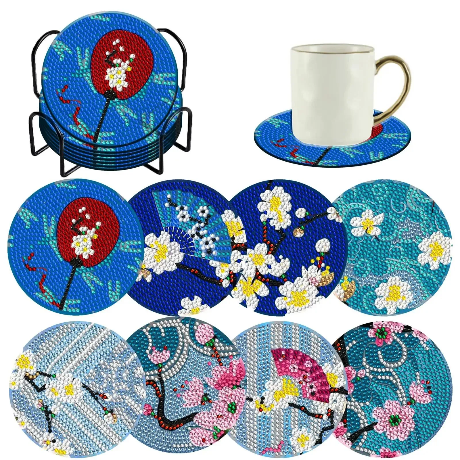 Diamond Art Coasters With Holder, variety of designs  8pcs