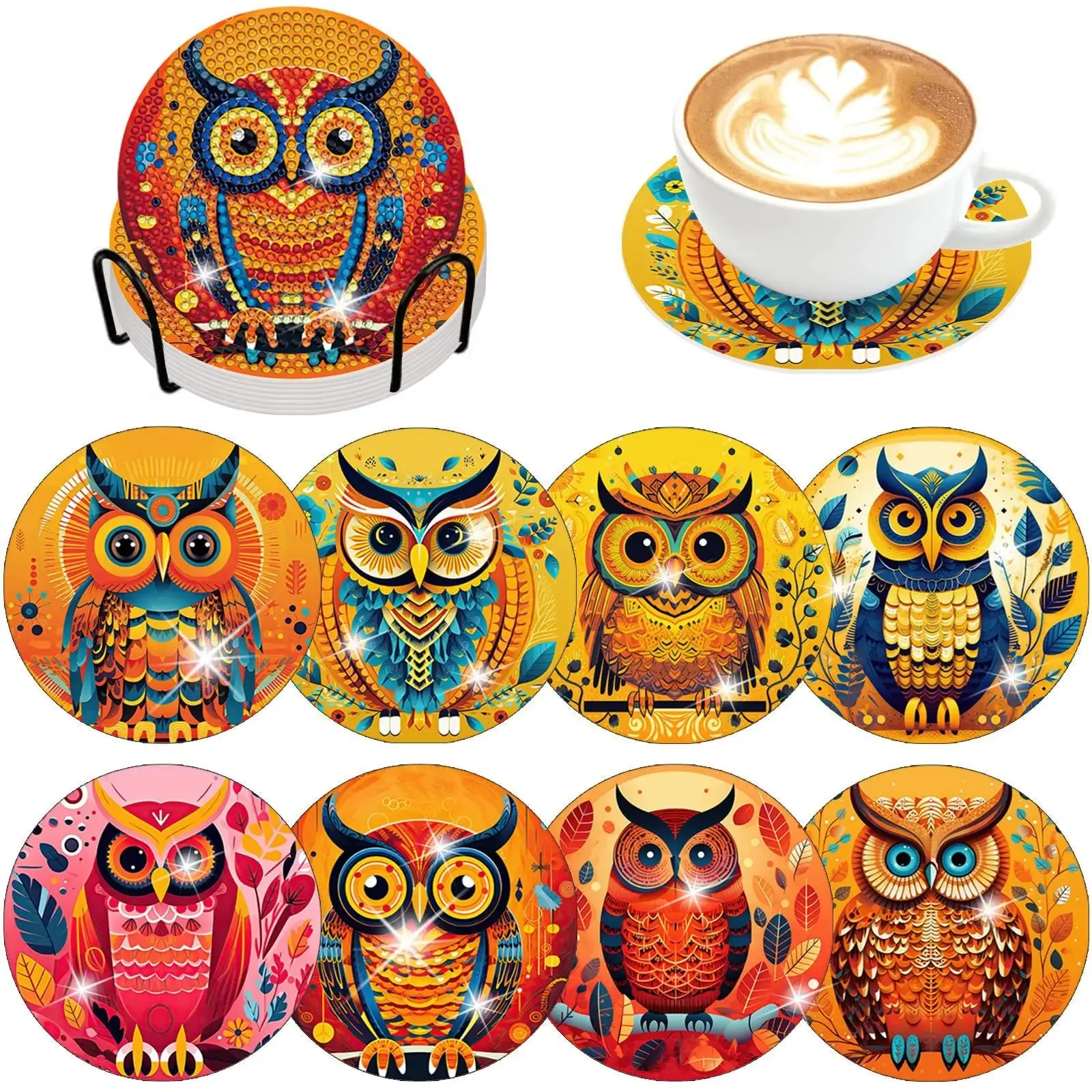 Diamond Art Coasters With Holder, variety of designs  8pcs
