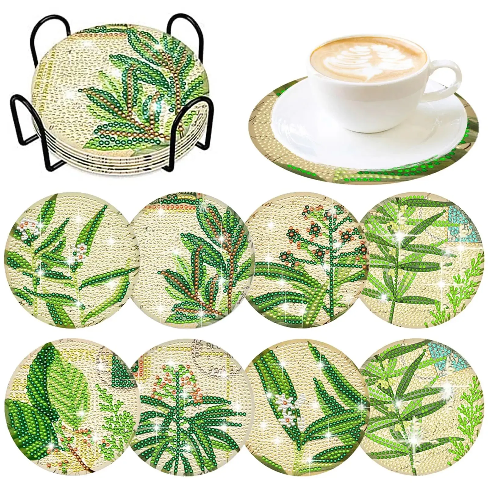Diamond Art Coasters With Holder, variety of designs  8pcs