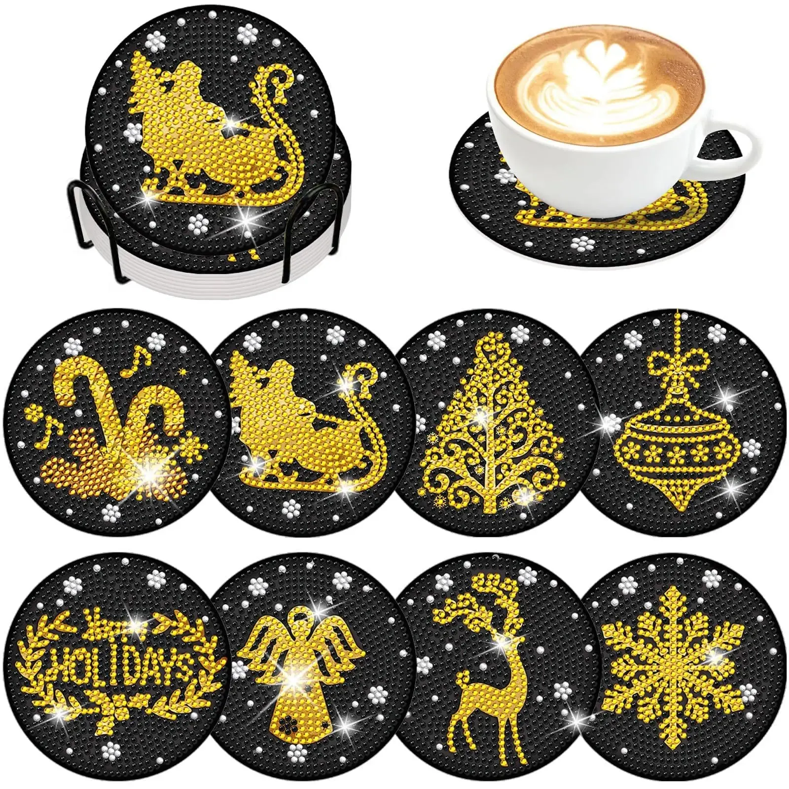 Diamond Art Coasters With Holder, variety of designs  8pcs