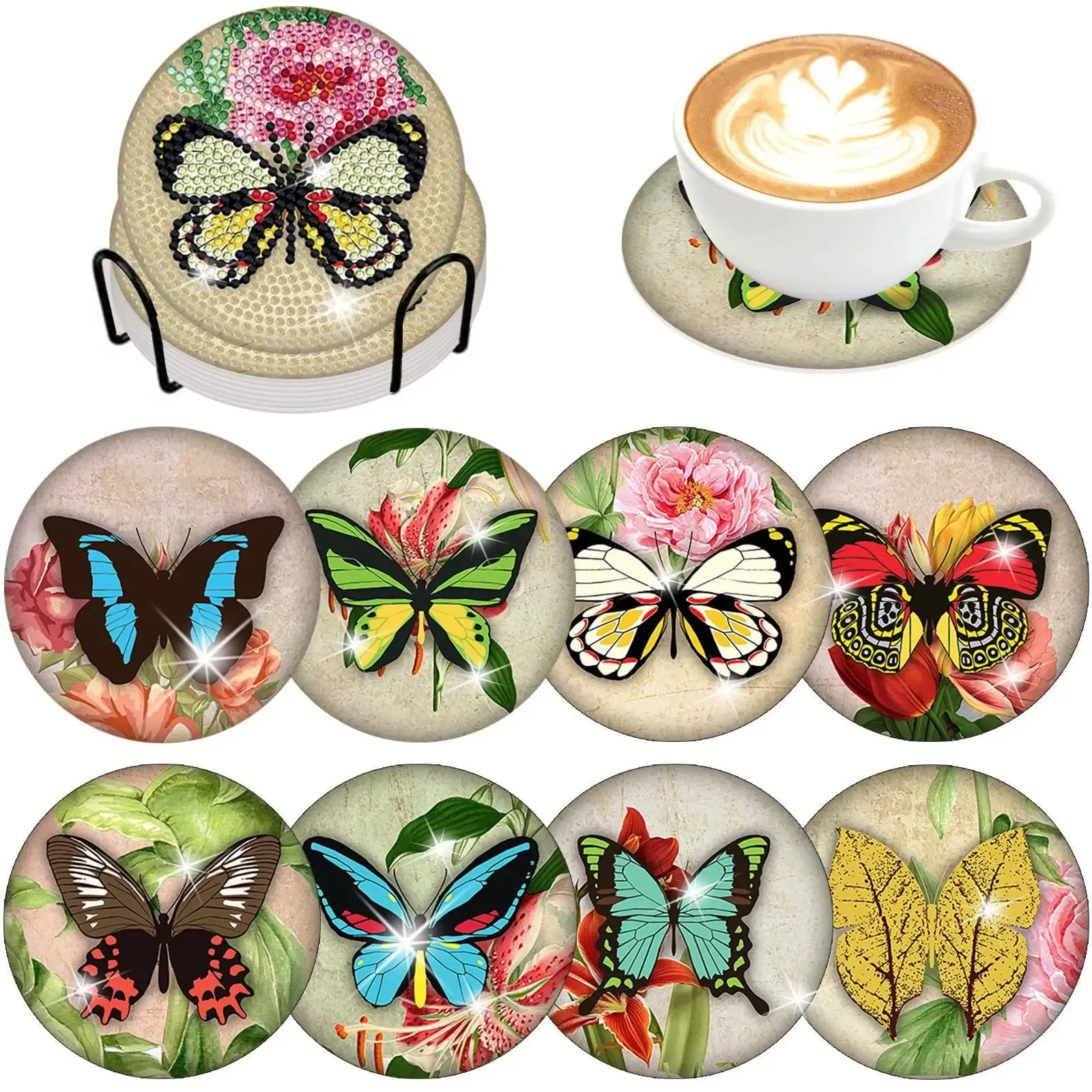 Diamond Art Coasters With Holder, variety of designs  8pcs