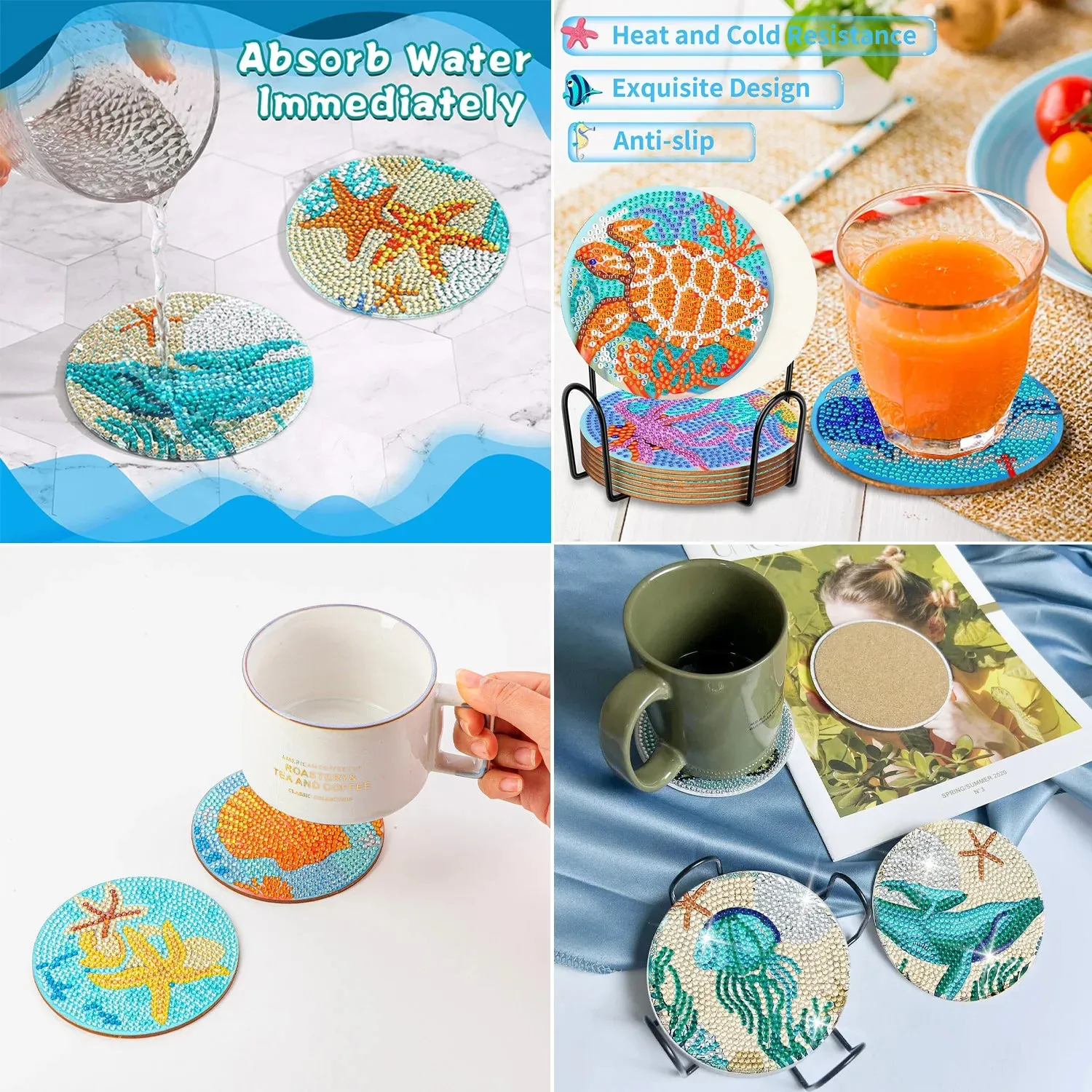 Diamond Art Coasters With Holder, variety of designs  8pcs