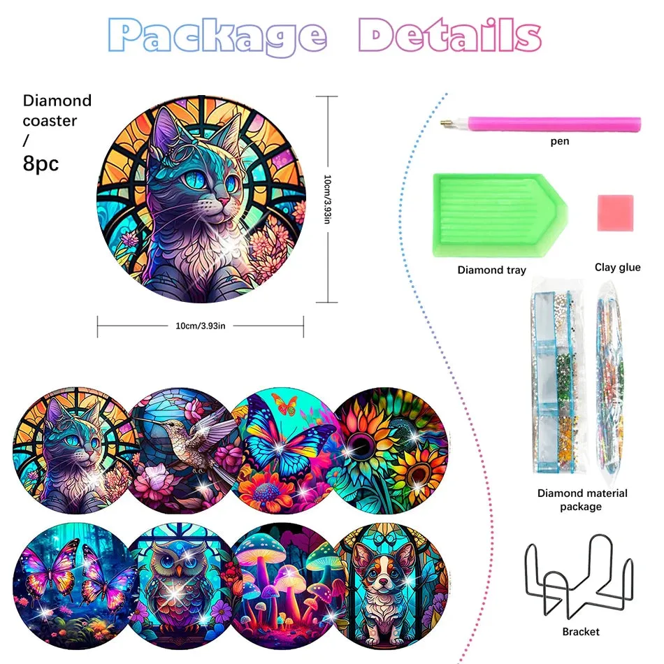 Diamond Art Coasters With Holder, variety of designs  8pcs