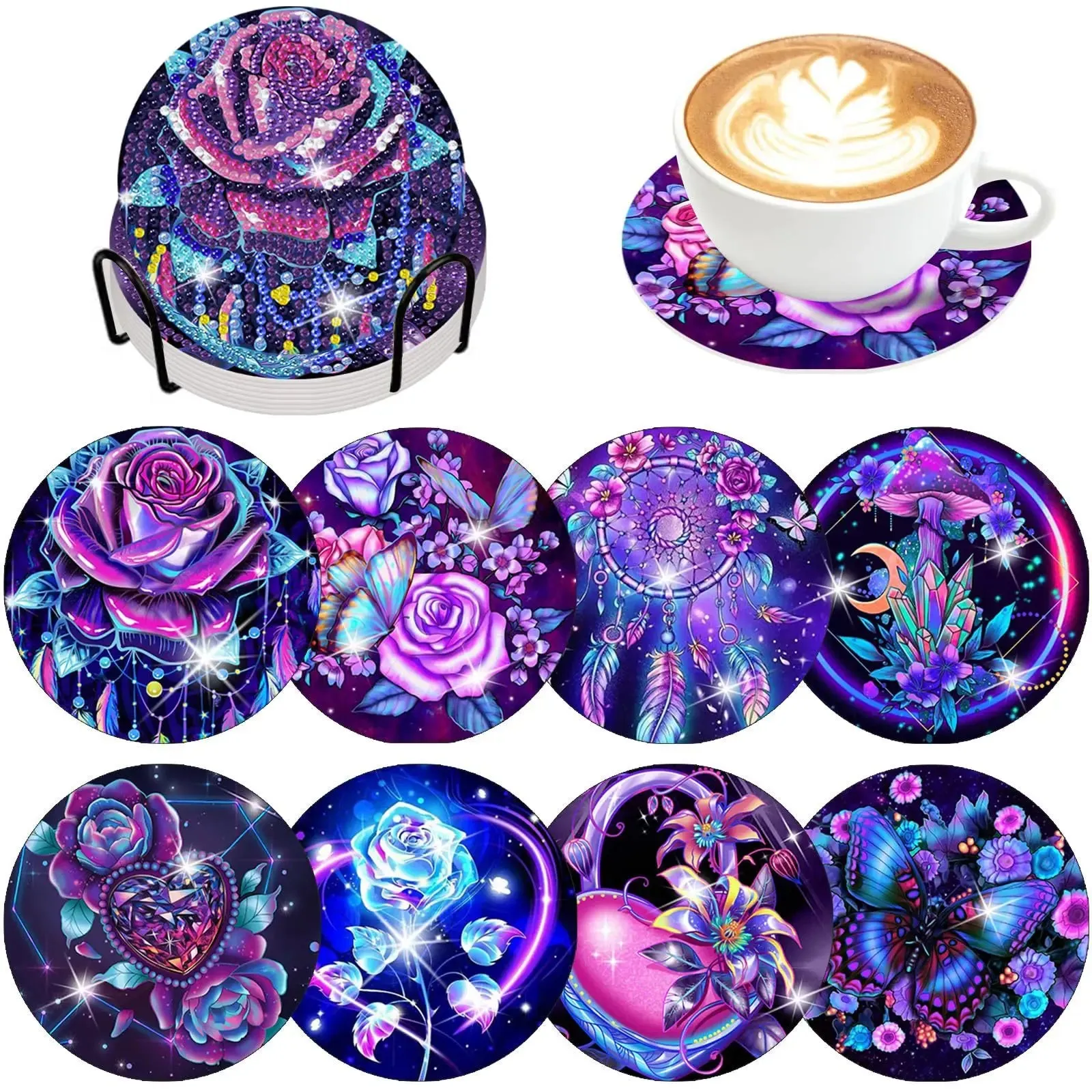 Diamond Art Coasters With Holder, variety of designs  8pcs