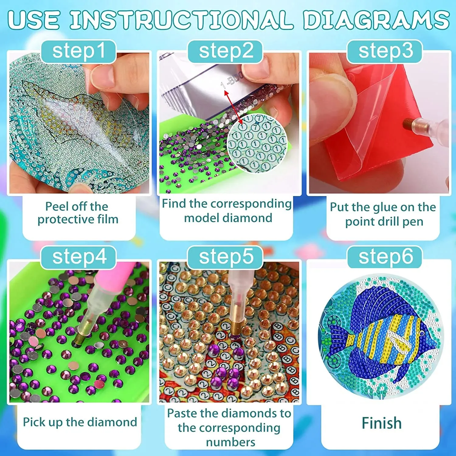 Diamond Art Coasters With Holder, variety of designs  8pcs