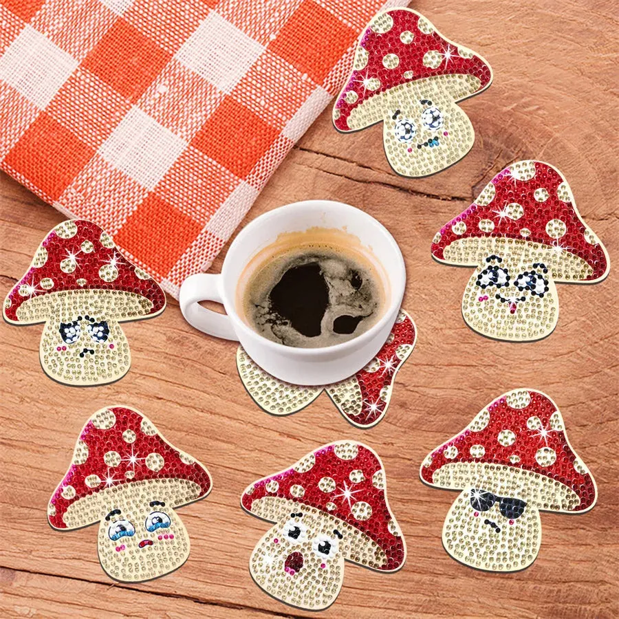 DIY Cartoon Diamond Art Coasters, 10 Piece Set With Holder, Cute Mushrooms
