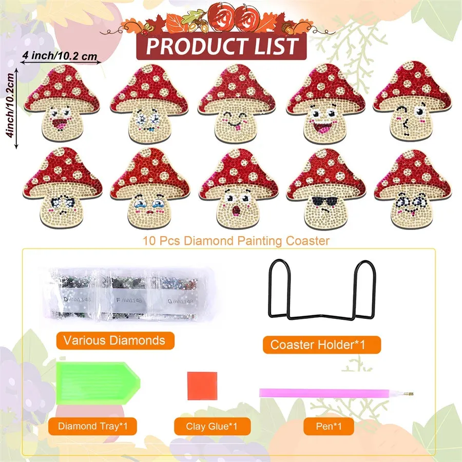 DIY Cartoon Diamond Art Coasters, 10 Piece Set With Holder, Cute Mushrooms
