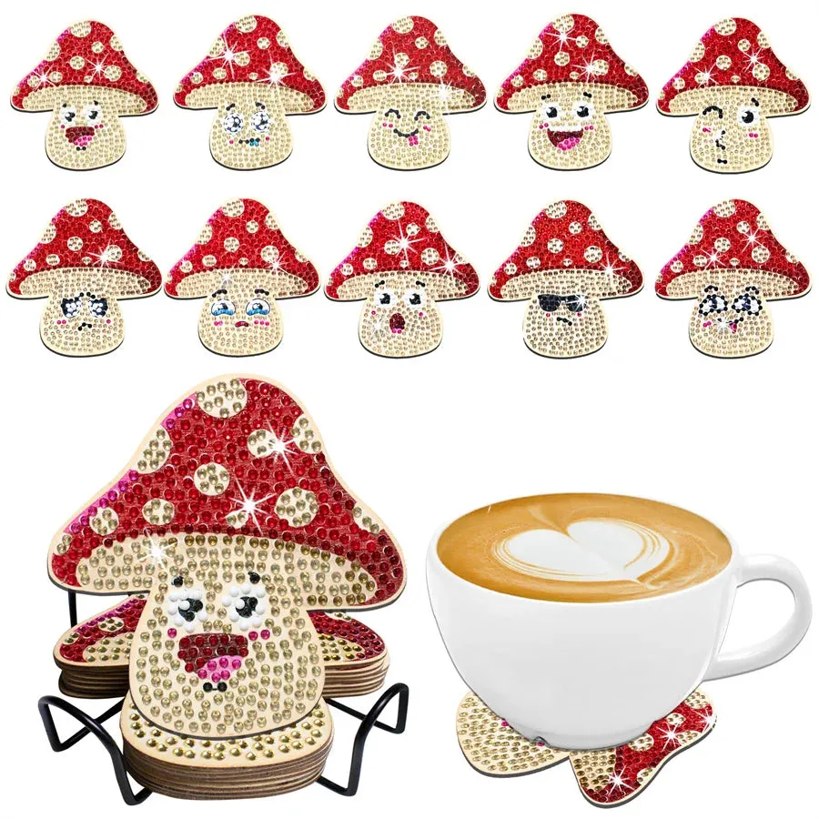 DIY Cartoon Diamond Art Coasters, 10 Piece Set With Holder, Cute Mushrooms