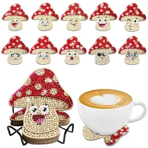 DIY Cartoon Diamond Art Coasters, 10 Piece Set With Holder, Cute Mushrooms