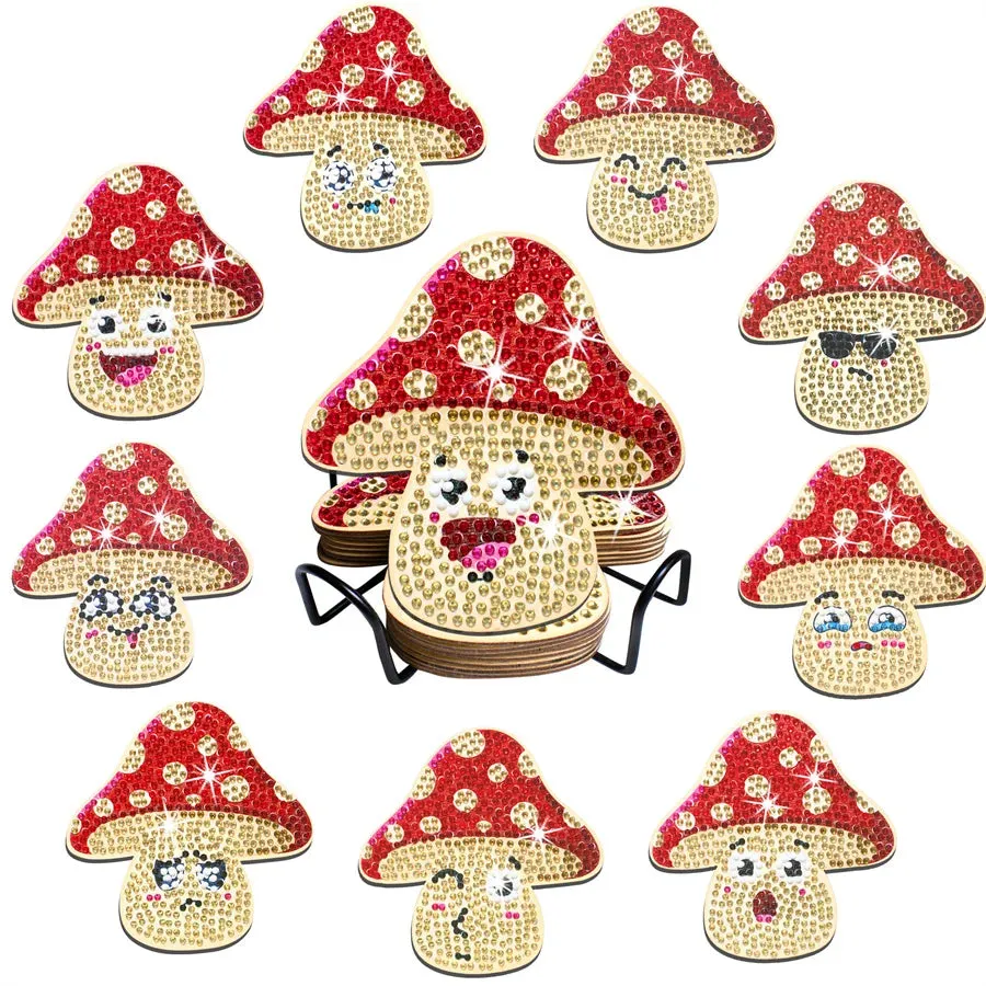 DIY Cartoon Diamond Art Coasters, 10 Piece Set With Holder, Cute Mushrooms
