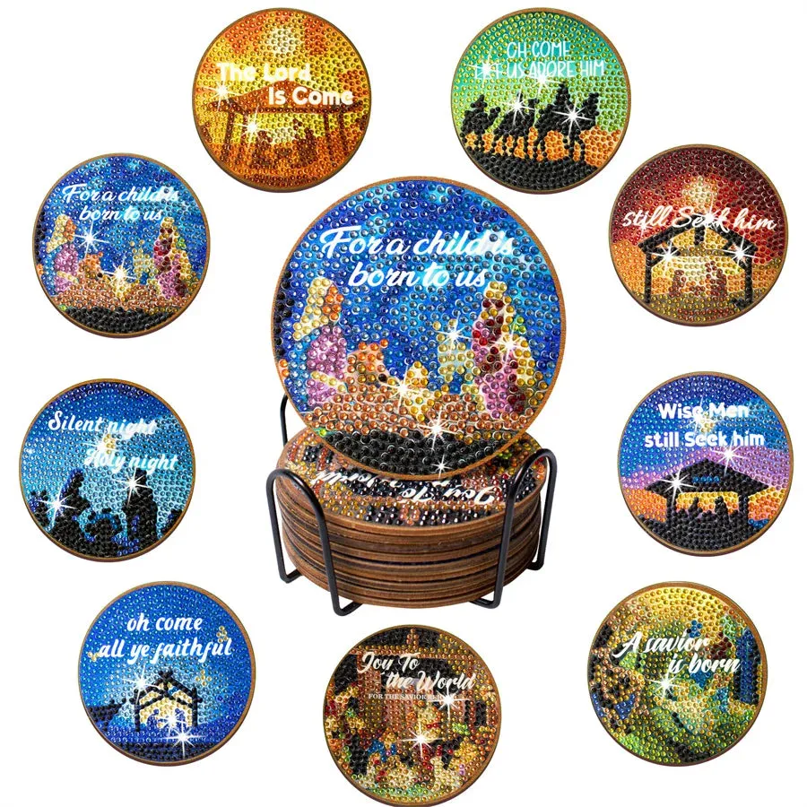 DIY Christmas Diamond Art Coasters, 10 Piece Set With Holder, Jesus Nativity