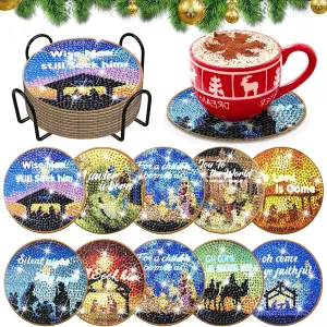 DIY Christmas Diamond Art Coasters, 10 Piece Set With Holder, Jesus Nativity