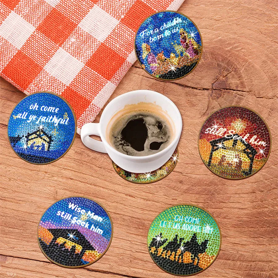 DIY Christmas Diamond Art Coasters, 10 Piece Set With Holder, Jesus Nativity
