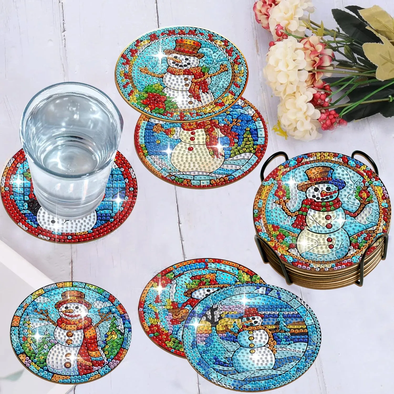 DIY Christmas Diamond Art Coasters, 6 Piece Set With Holder, Christmas Decoration