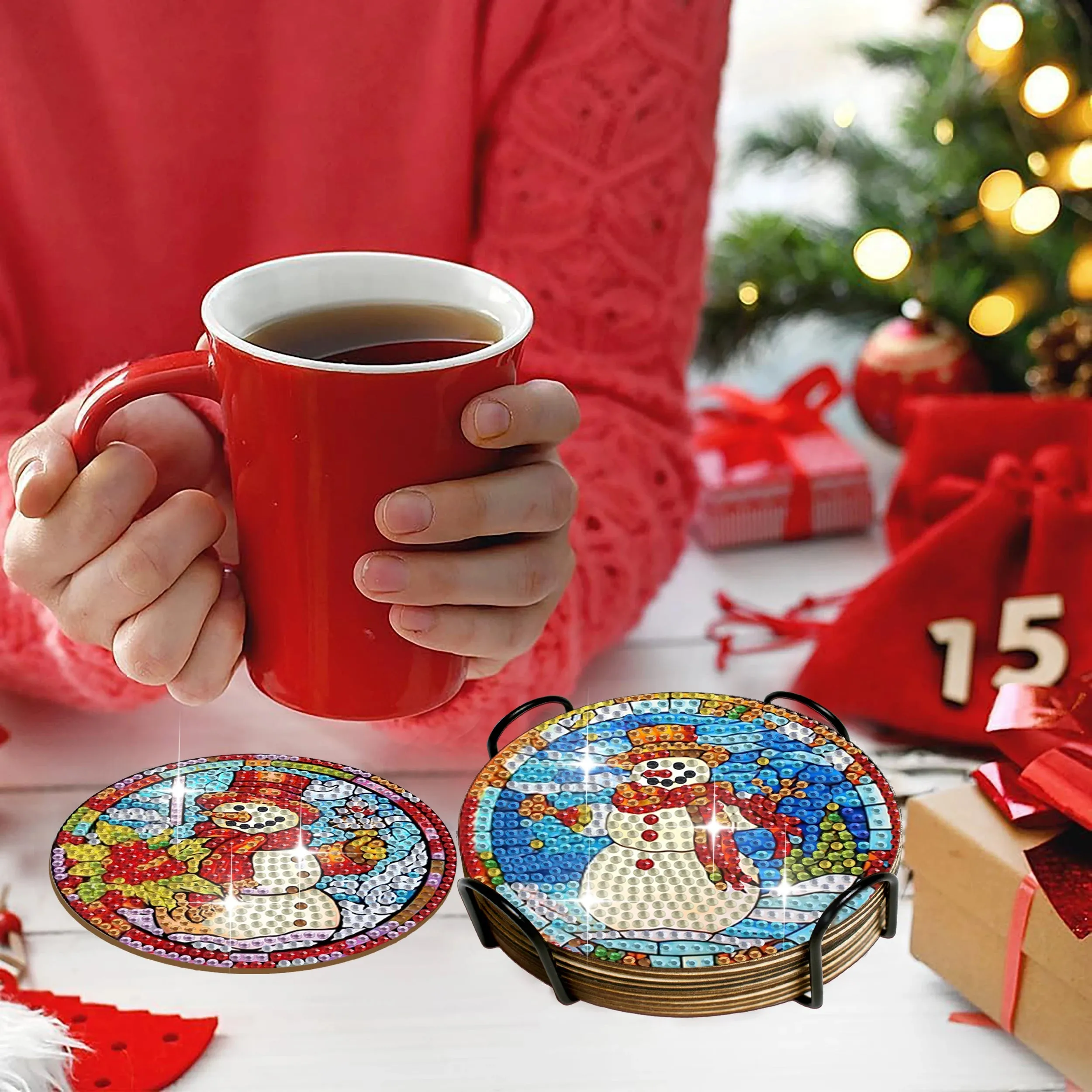 DIY Christmas Diamond Art Coasters, 6 Piece Set With Holder, Christmas Decoration
