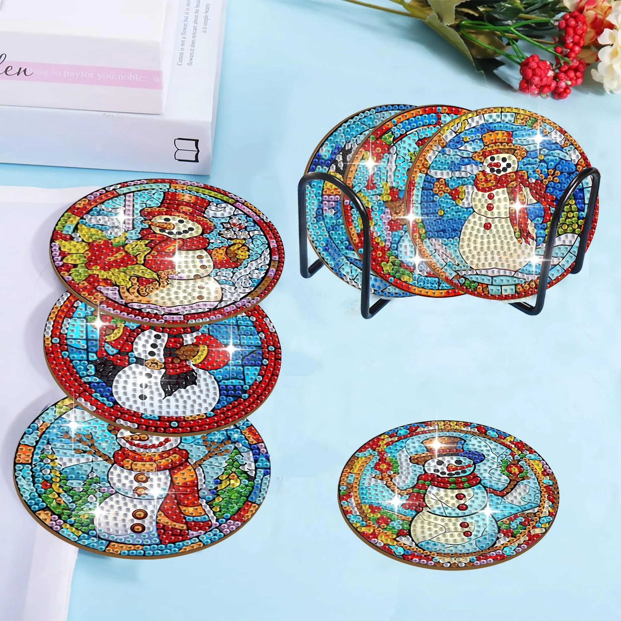 DIY Christmas Diamond Art Coasters, 6 Piece Set With Holder, Christmas Decoration