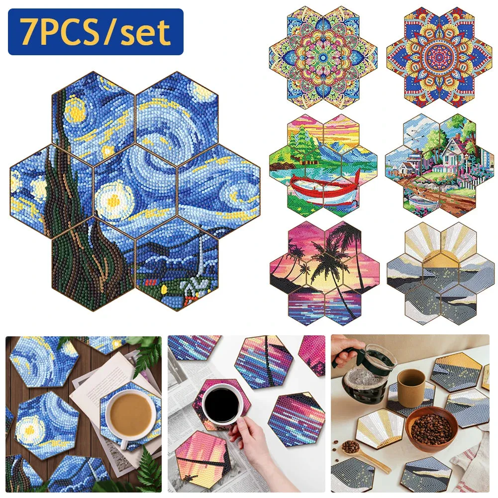 DIY Diamond Art Coasters, 7 Piece Set With Holder, Starry Night Design