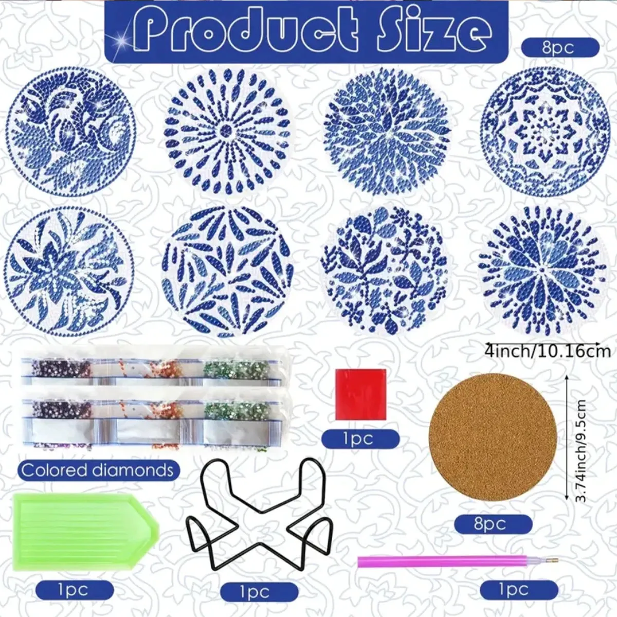 DIY Diamond Art Coasters with Blue and White Porcelain Pattern 8-piece Set