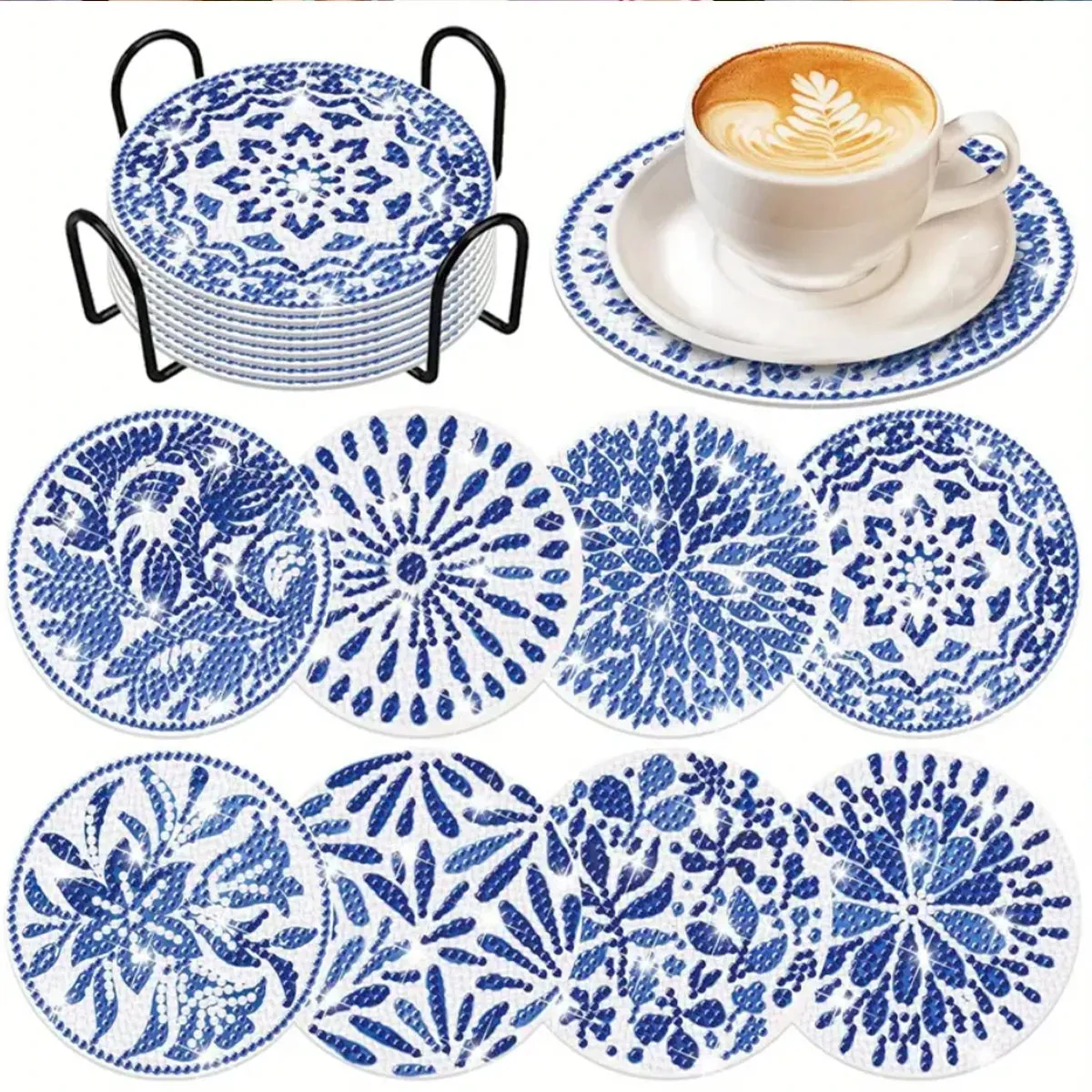 DIY Diamond Art Coasters with Blue and White Porcelain Pattern 8-piece Set