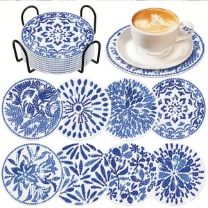 DIY Diamond Art Coasters with Blue and White Porcelain Pattern 8-piece Set