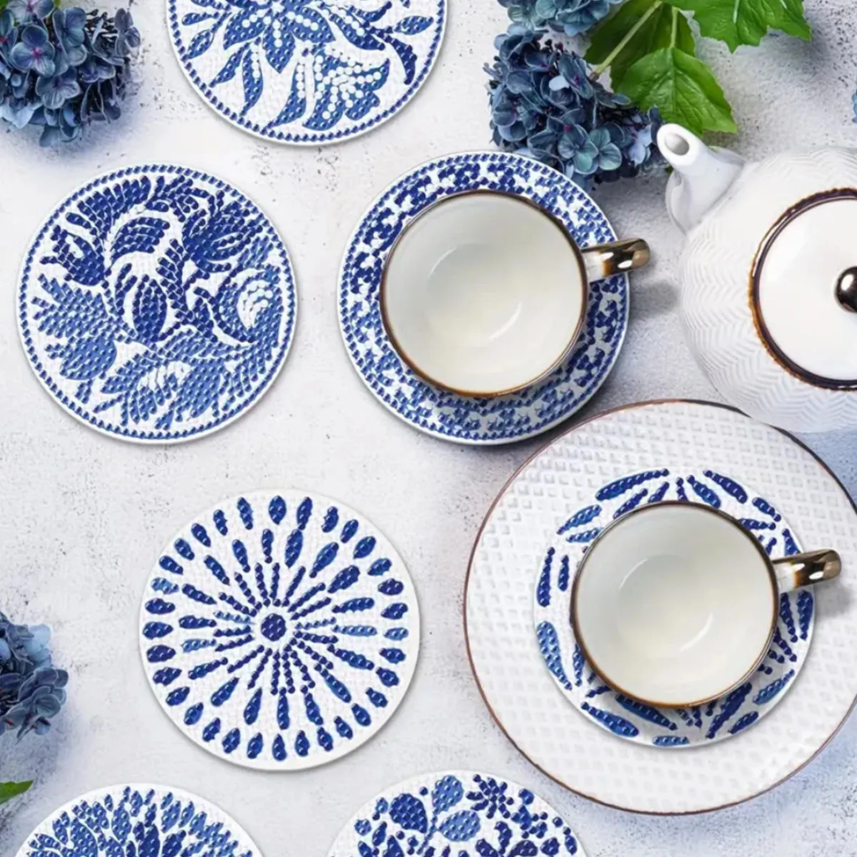 DIY Diamond Art Coasters with Blue and White Porcelain Pattern 8-piece Set