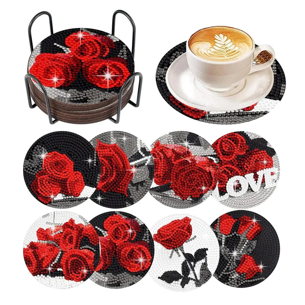 DIY Floral Diamond Art Coasters, 8 Piece Set With Holder, Love Roses