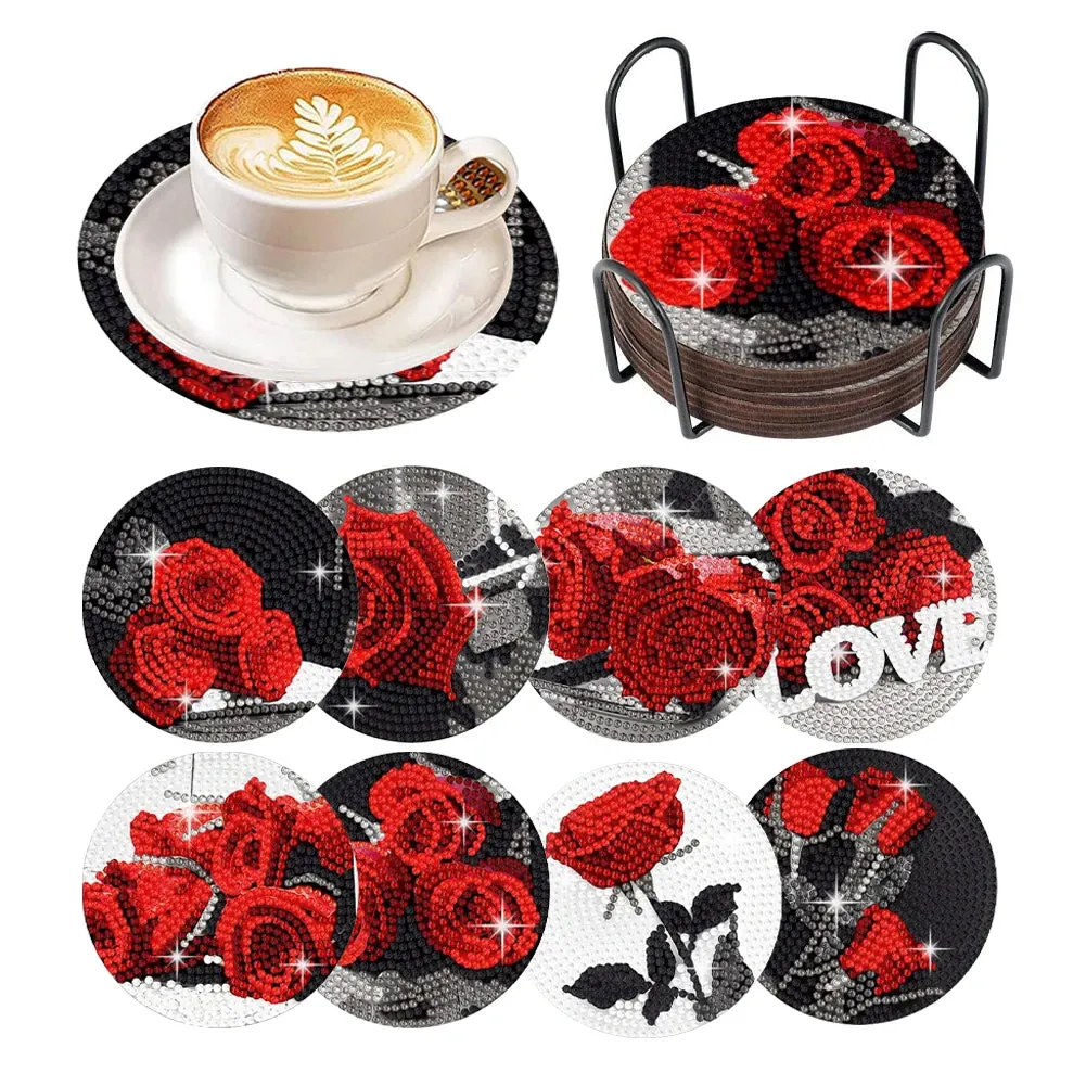 DIY Floral Diamond Art Coasters, 8 Piece Set With Holder, Love Roses