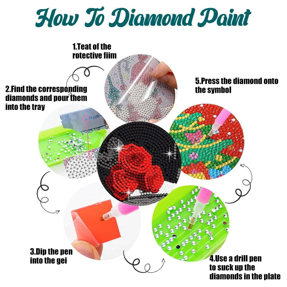 DIY Floral Diamond Art Coasters, 8 Piece Set With Holder, Love Roses