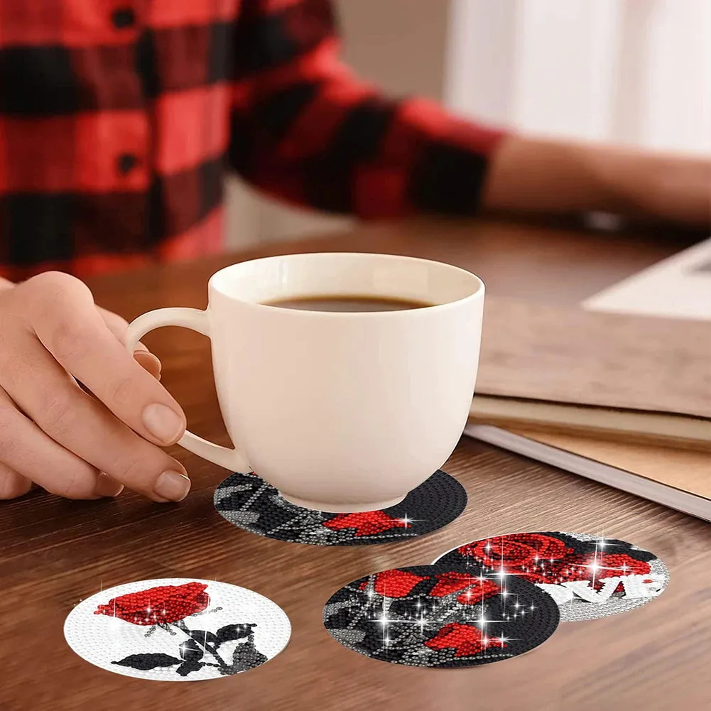 DIY Floral Diamond Art Coasters, 8 Piece Set With Holder, Love Roses